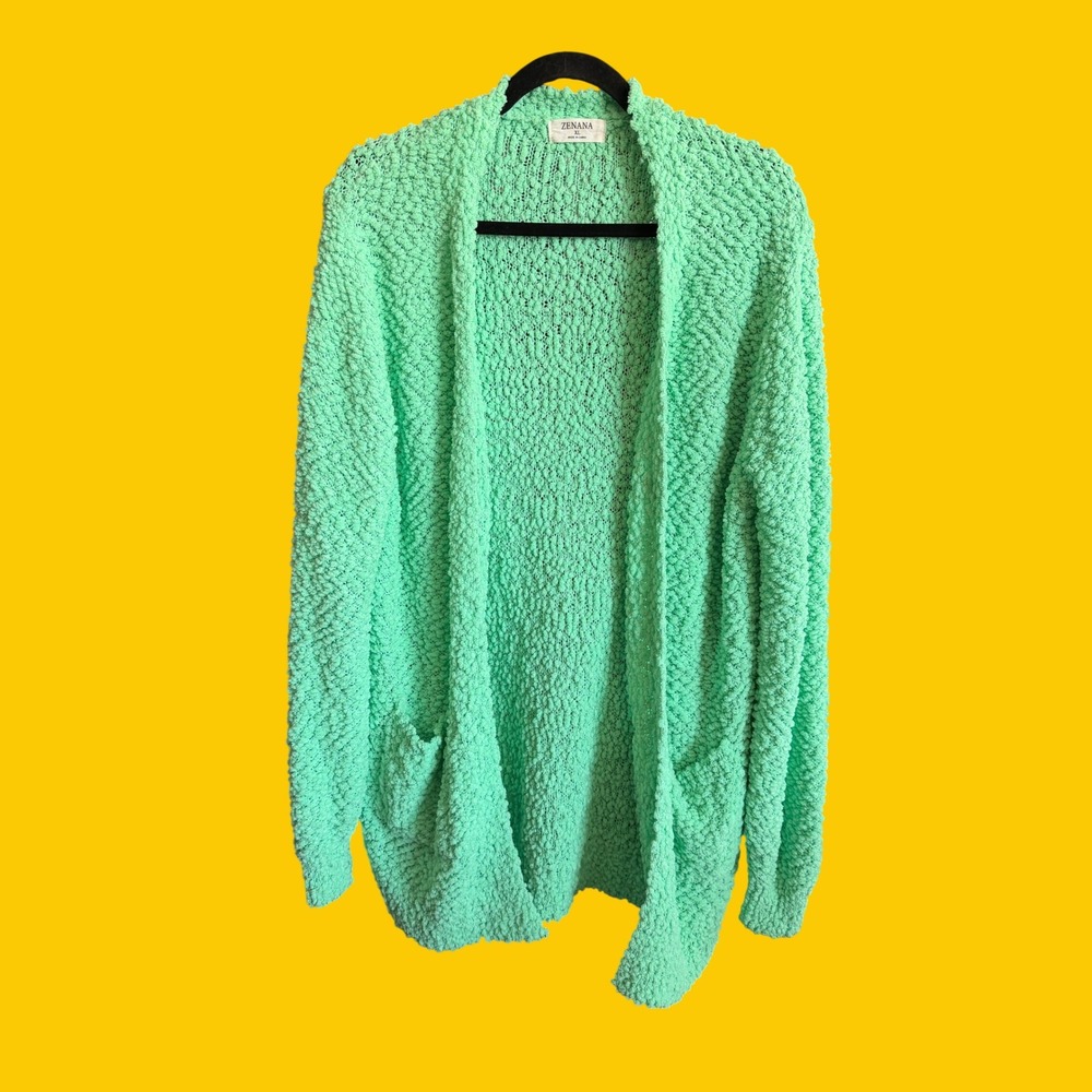 Zenana Mint Green Popcorn Knit Cardigan Open Front Longline‎ Sweater XL